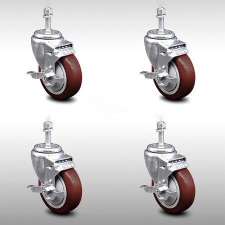 Service Caster 4 Inch SS Maroon Polyurethane Swivel 3/8 Inch Threaded Stem Caster Set Brake SCC SCC-SSTS20S414-PPUB-MRN-TLB-381615-4